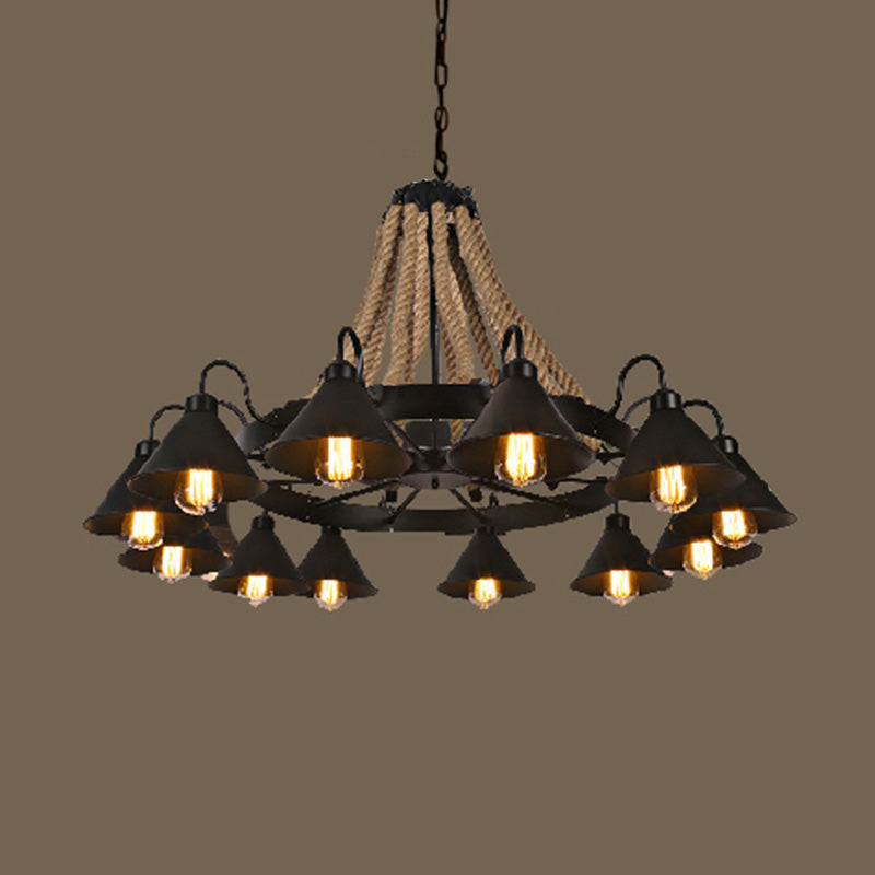 Industrial Vintage Large Chandelier With Rope And Metal Cone Shade - Perfect For Coffee Shop