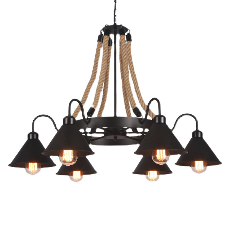 Vintage Industrial Chandelier: Large Rope & Cone Metal Shade Pendant Light For Coffee Shops