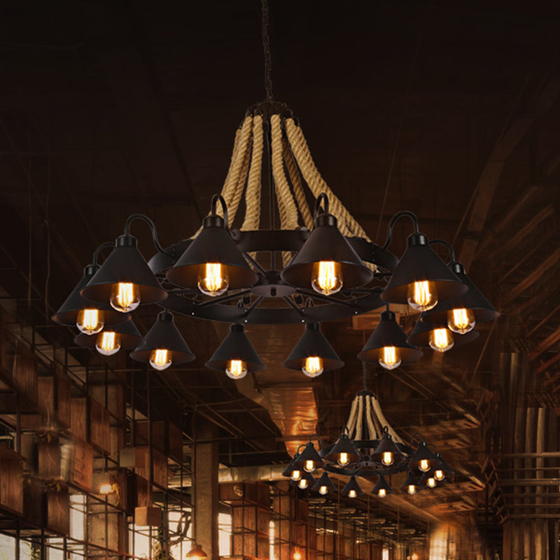 Vintage Industrial Chandelier: Large Rope & Cone Metal Shade Pendant Light For Coffee Shops