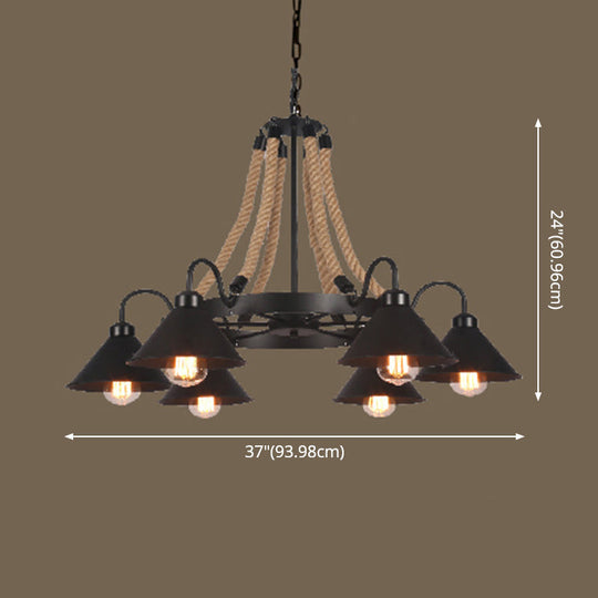 Industrial Vintage Large Chandelier With Rope And Metal Cone Shade - Perfect For Coffee Shop