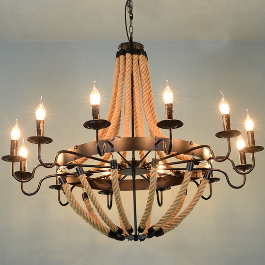 Industrial Rope Style Chandelier Pendant Lamp - Elegant Black Finish Candle Shape Adjustable 39’