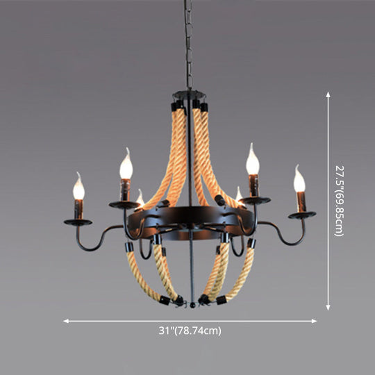 Industrial Rope Style Chandelier Pendant Lamp - Elegant Black Finish Candle Shape Adjustable 39’