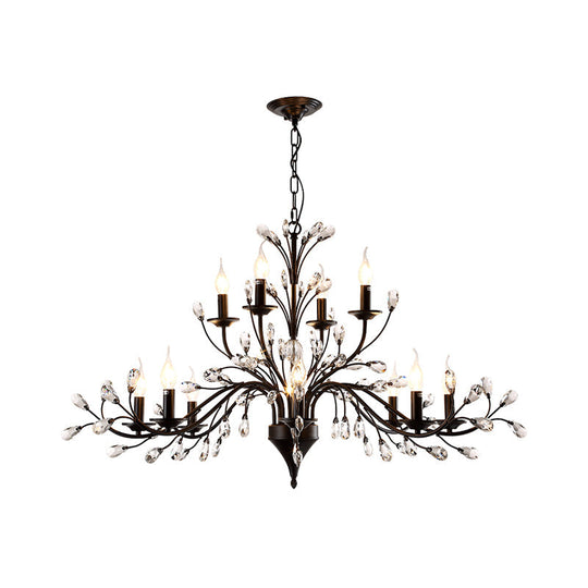 Vintage Metal Chandelier With Exposed Bulbs | 3/6/9 Lights Black Finish Crystal Draping