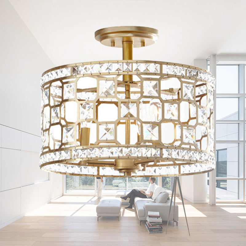 Golden Chinese Style 3 - Light Semi Flush Ceiling Fixture With Metallic Crystal Shade