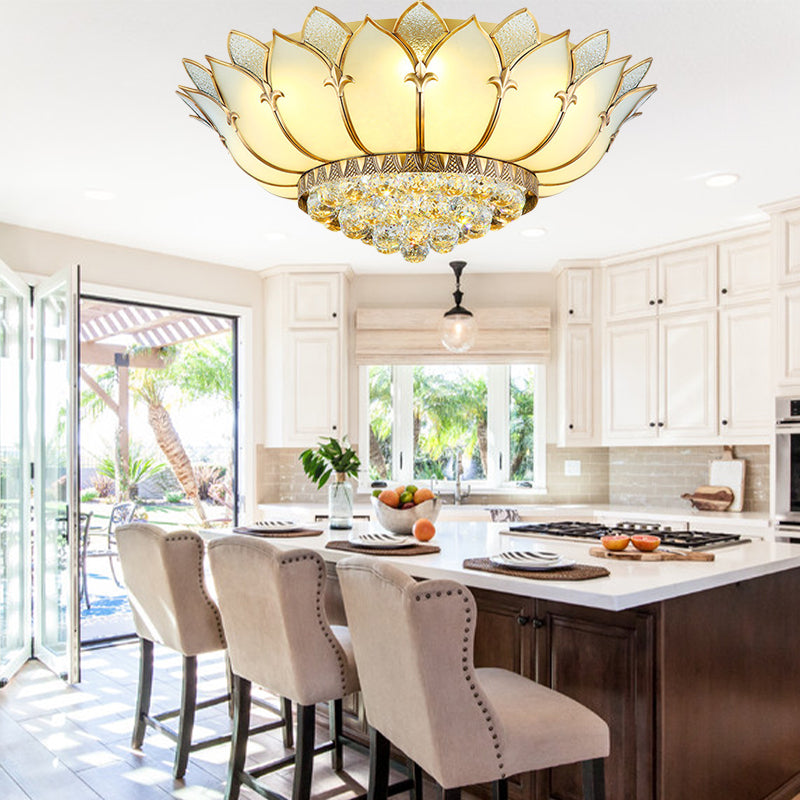 Chinese Style Prismatic Glass Lotus Flush Mount Ceiling Light With Crystal Finial - 5 Lights White