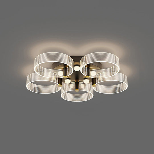 Modern Black-Gold Led Ceiling Light With Flower Design - Acrylic Round Semi Mount 5 / Warm