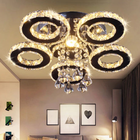 Modern Floral Crystal Semi Flush Ceiling Light - Led Stainless Steel Fixture For Bedroom