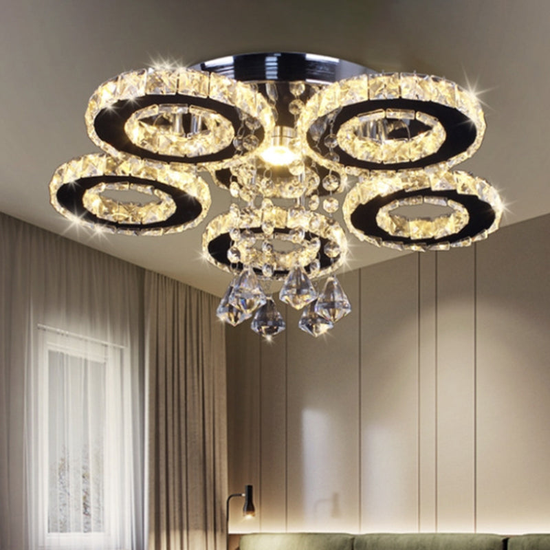 Modern Floral Crystal Semi Flush Ceiling Light - Led Stainless Steel Fixture For Bedroom Stainless