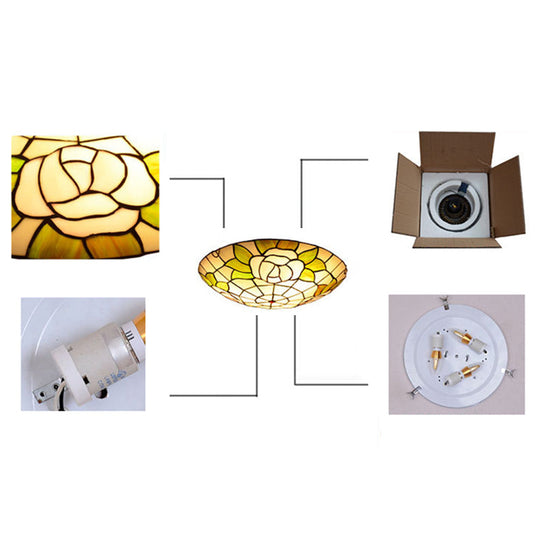 Tiffany Stained Glass Flush Ceiling Light For Bedroom - Bowl Shaped Flushmount Lighting