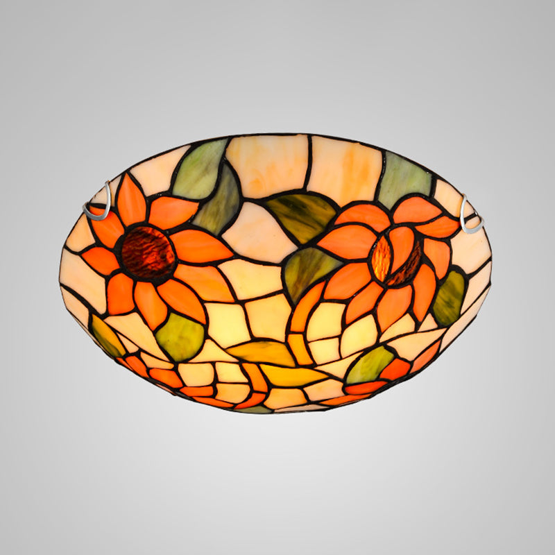 Sunflower Tiffany Stained Glass Flush Mount Ceiling Light In Vibrant Orange Bowl Shape / 12