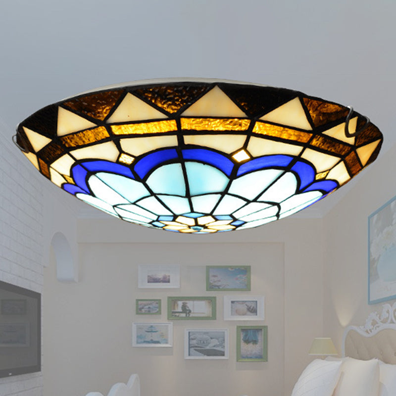 Vintage Blue Handcrafted Glass Dome Ceiling Flush Light With Feather Pattern