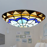 Vintage Blue Handcrafted Glass Dome Ceiling Flush Light With Feather Pattern