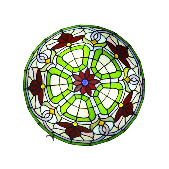 Red Flower Tiffany Stained Glass Ceiling Light: Round Flush Mount For Bedroom