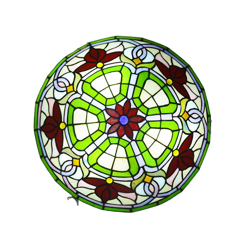 Red Flower Tiffany Stained Glass Ceiling Light: Round Flush Mount For Bedroom