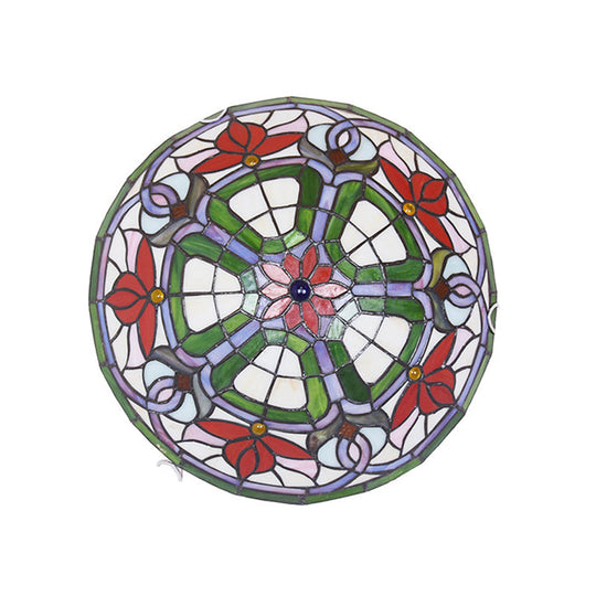 Red Flower Tiffany Stained Glass Ceiling Light: Round Flush Mount For Bedroom