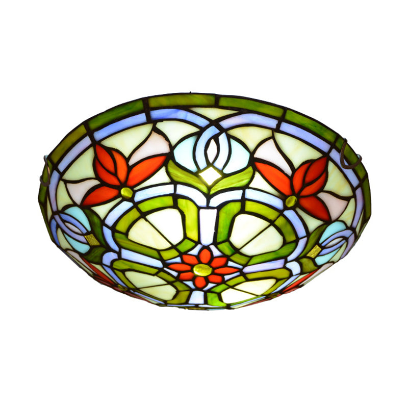 Red Flower Tiffany Stained Glass Ceiling Light: Round Flush Mount For Bedroom