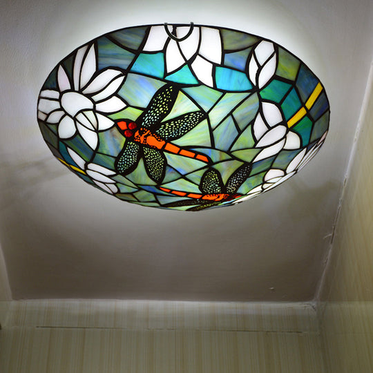 Tiffany Style Dragonfly & Lotus Cut Glass Flush Mount Ceiling Lamp