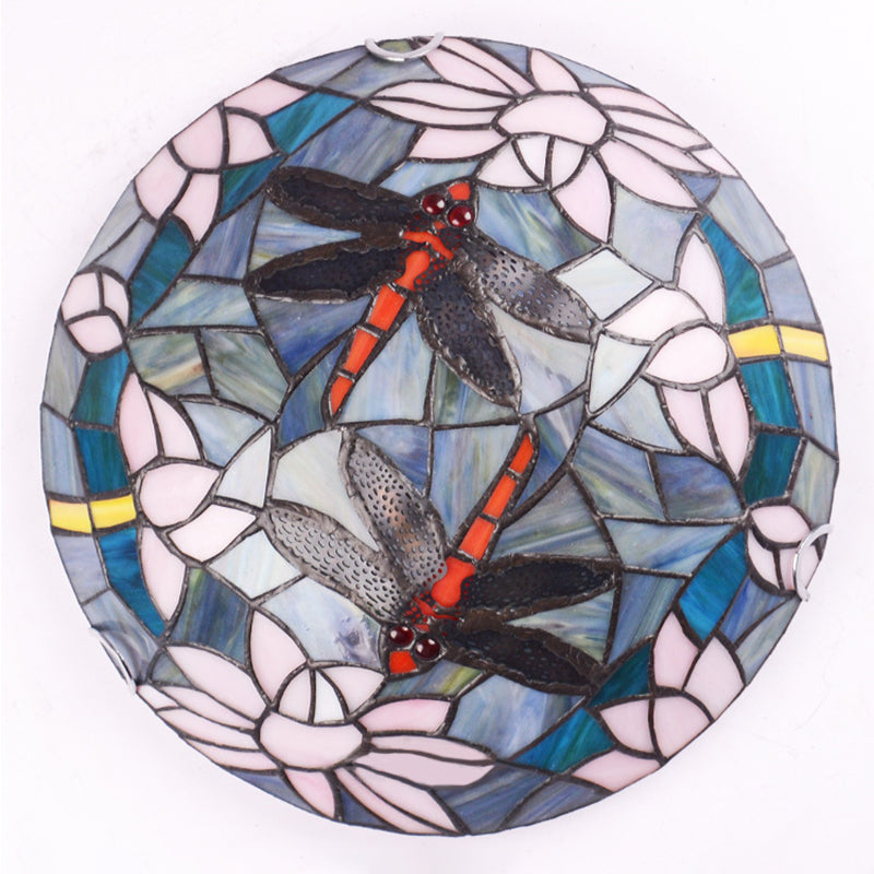 Tiffany Style Dragonfly & Lotus Cut Glass Flush Mount Ceiling Lamp