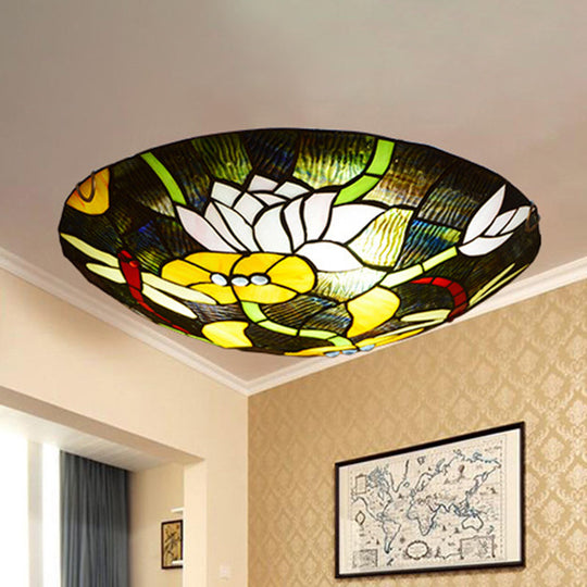 Tiffany Stained Glass Black Bowl Ceiling Lamp - Lotus And Dragonfly Flush Mount Light / 12
