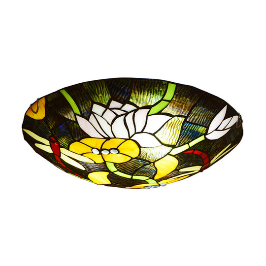 Tiffany Stained Glass Black Bowl Ceiling Lamp - Lotus And Dragonfly Flush Mount Light