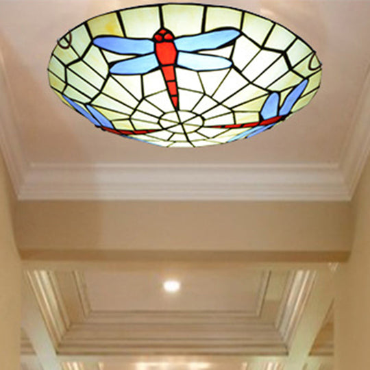 Hand-Crafted Sky Blue Dragonfly Tiffany Glass Ceiling Flush Mount Light