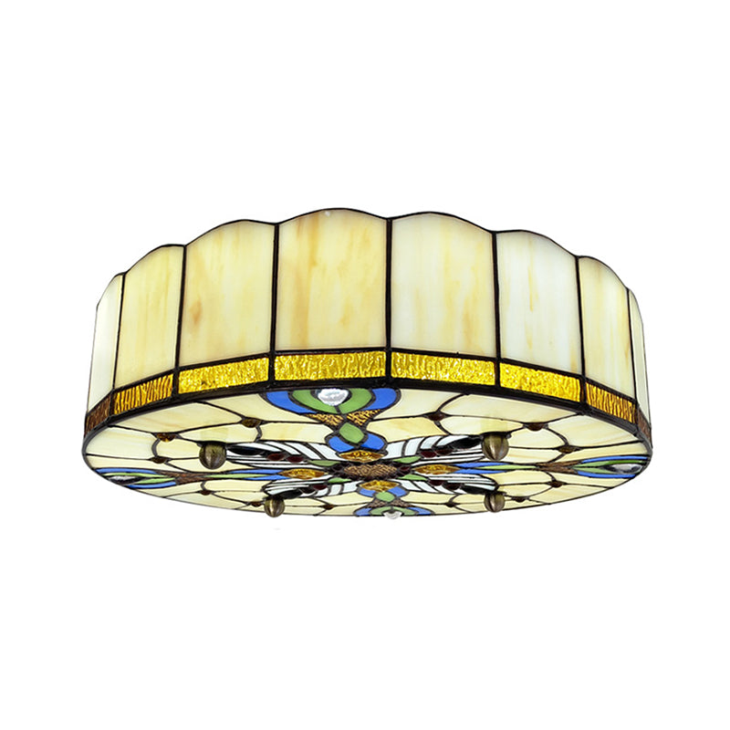 Mediterranean Stained Glass Drum Ceiling Mount Light For Bedroom Beige / 39’