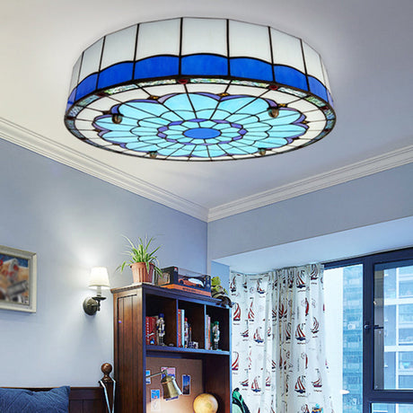 Mediterranean Stained Glass Drum Ceiling Mount Light For Bedroom