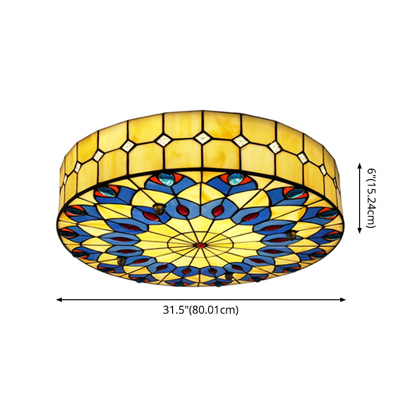 Mediterranean Stained Glass Drum Ceiling Mount Light For Bedroom