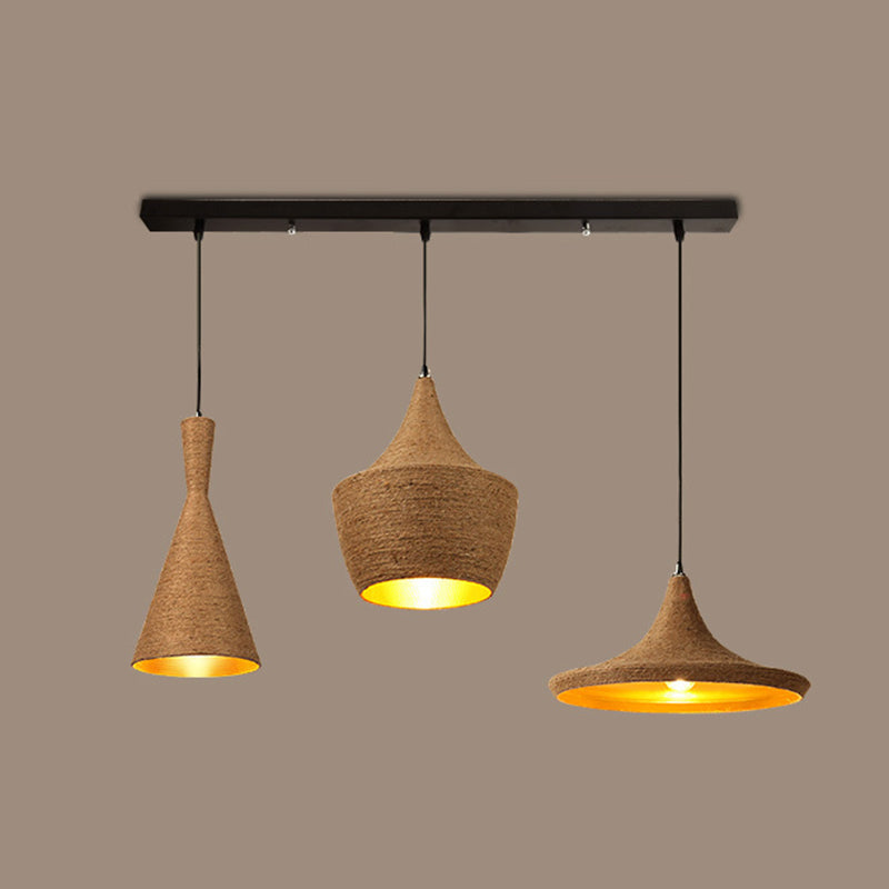Retro Industrial 3-Light Beige Rope Pendant For Dining Room / Linear