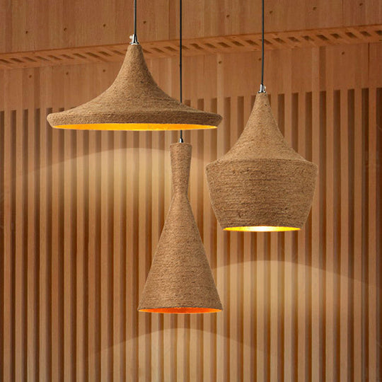 Retro Industrial 3-Light Beige Rope Pendant For Dining Room