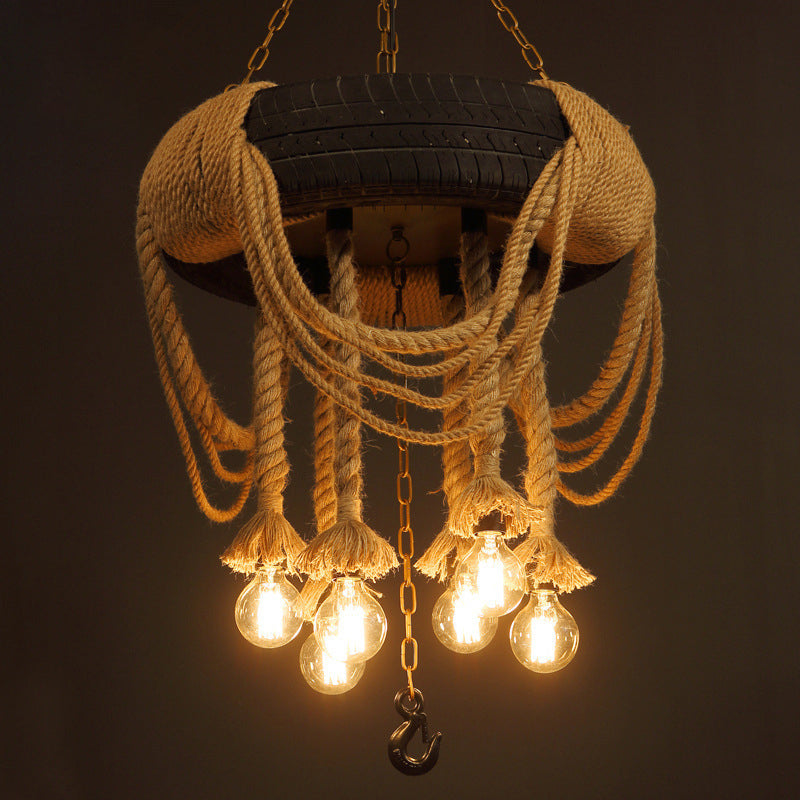 Vintage Automobile Tire Pendant Light For Restaurants - Black Industrial Rope Suspension