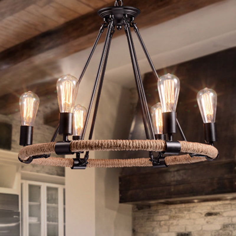 Industrial Black Metal Chandelier With Rope Suspension For Dining Room Table