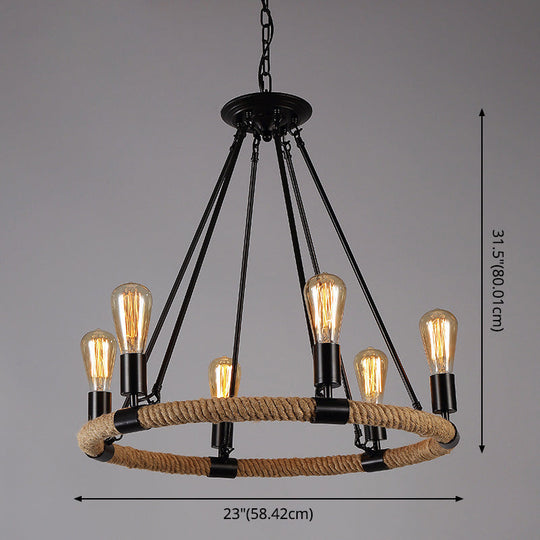 Industrial Black Metal Chandelier With Rope Suspension For Dining Room Table