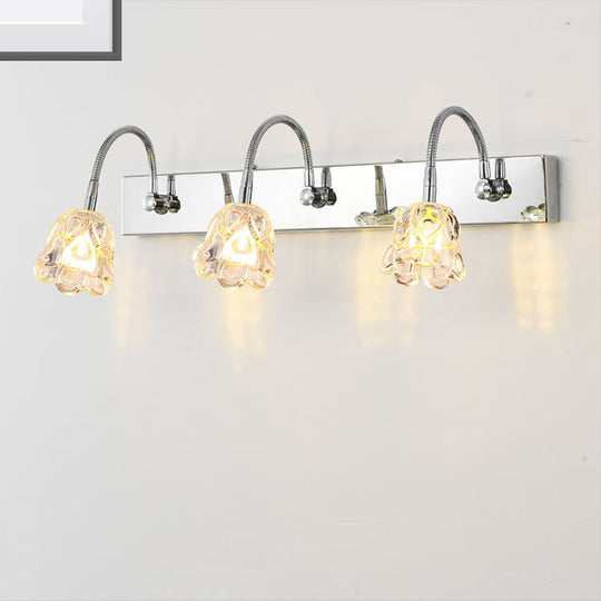 Modern Petal Clear Glass Vanity Light Fixture With Gooseneck Arm - 3 Lights Silver Finish Wall