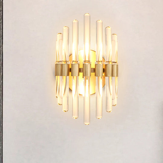 Modern Style Gold Wall Sconce With Clear Crystal Accents - Tubular Design 2 Bulbs Living Room Light