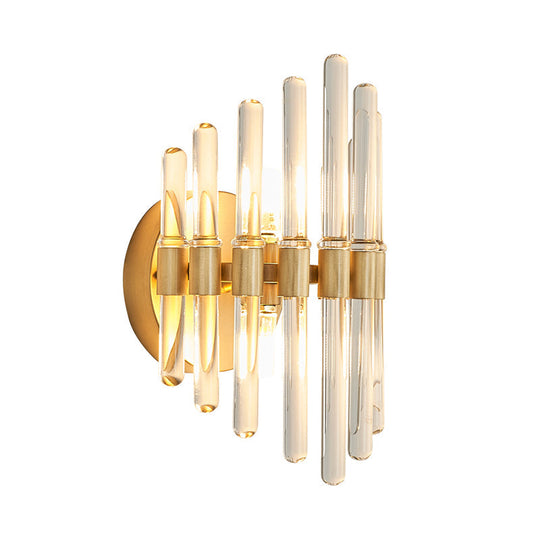 Modern Style Gold Wall Sconce With Clear Crystal Accents - Tubular Design 2 Bulbs Living Room Light