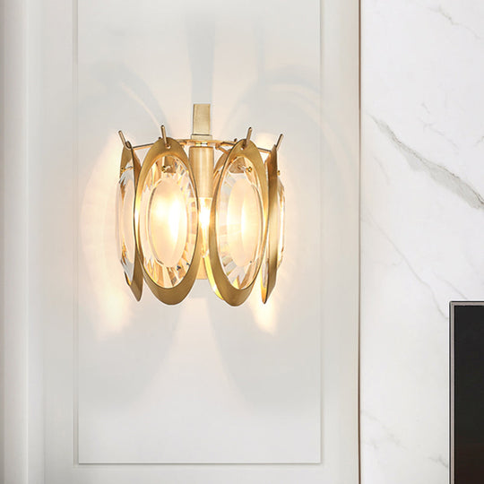 Contemporary Oval Wall Light With Clear Crystal Deco - Metallic 1-Light Fixture For Living Room