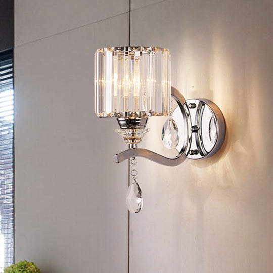 Modern Crystal Block Cylinder Wall Sconce In Chrome - Bedroom Light Fixture