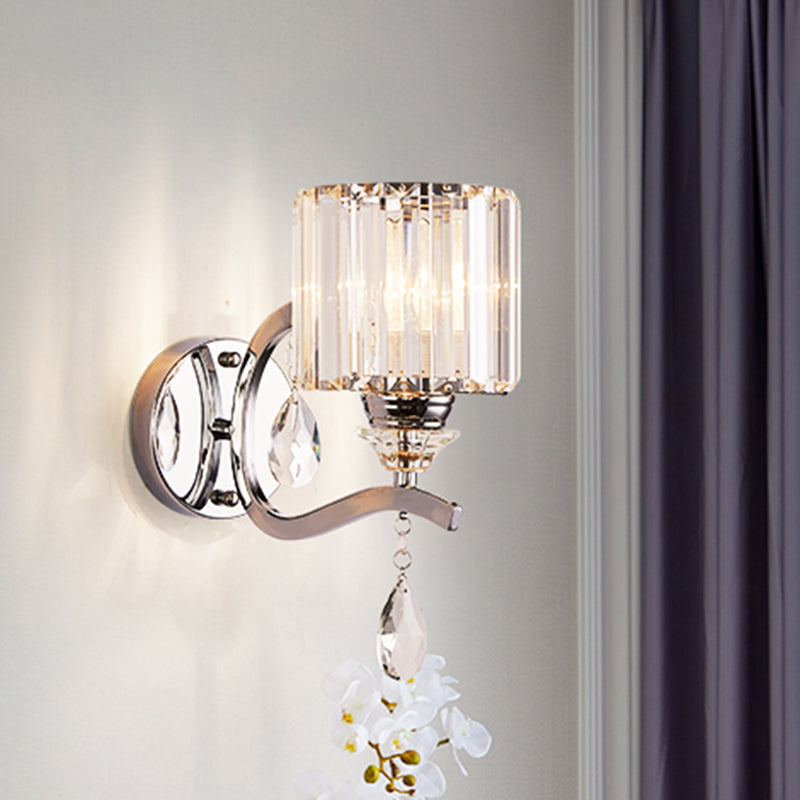 Modern Crystal Block Cylinder Wall Sconce In Chrome - Bedroom Light Fixture
