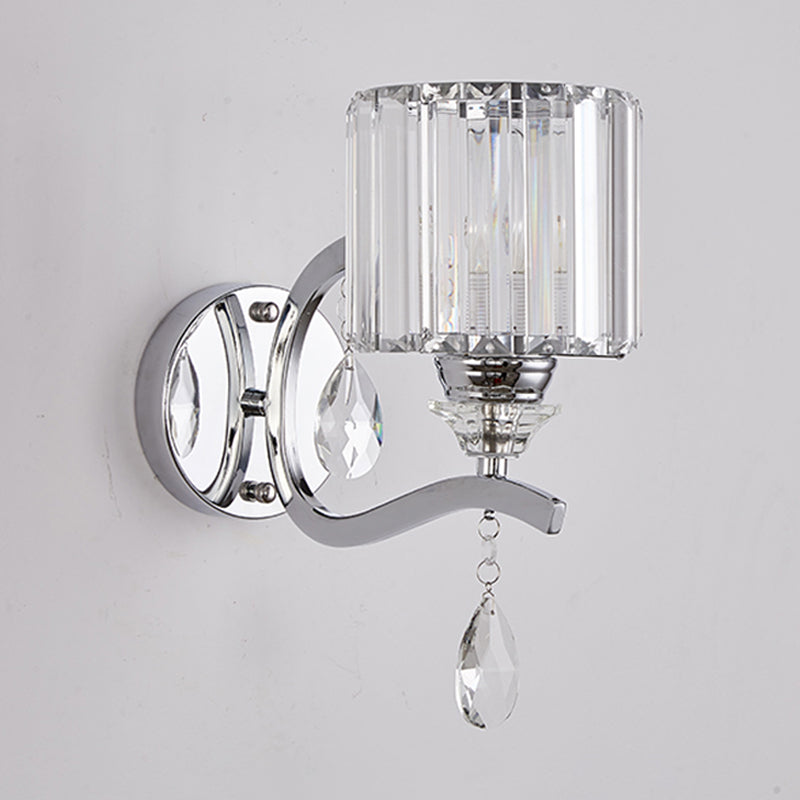 Modern Crystal Block Cylinder Wall Sconce In Chrome - Bedroom Light Fixture