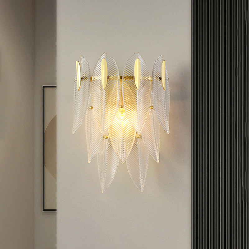 Prismatic Crystal Leaf Wall Sconce - Minimalist Gold Light Fixture (2 Lights)