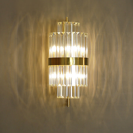 Postmodern Crystal Block Wall Sconce In Gold With 2 Cylinder Lights - Ideal For Corridors