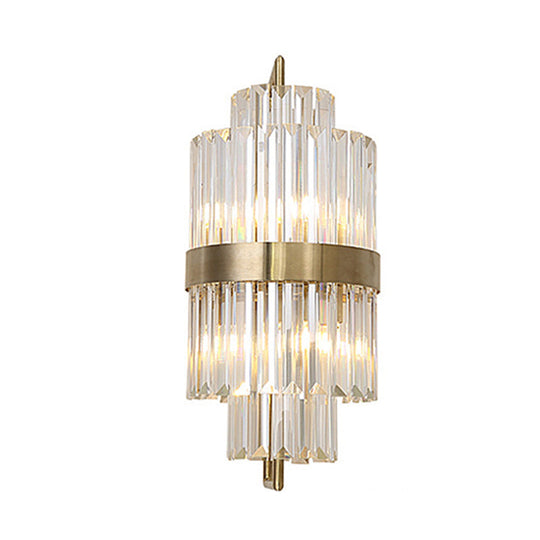 Postmodern Crystal Block Wall Sconce In Gold With 2 Cylinder Lights - Ideal For Corridors