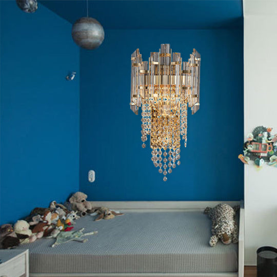 Modern Beaded Crystal Wall Sconce With 2 Smoky Grey Lights For Living Room