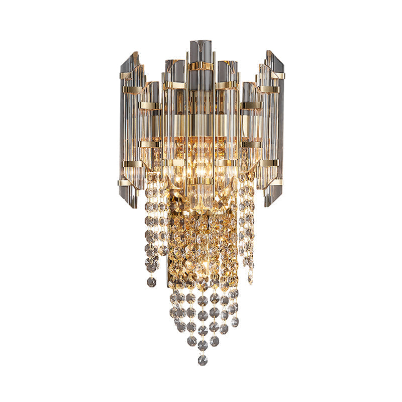 Modern Beaded Crystal Wall Sconce With 2 Smoky Grey Lights For Living Room