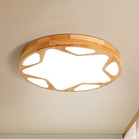 Modern Led Flush Ceiling Light In Beige - Kindergarten Star Design Wood Acrylic Lamp Yellow / 16’
