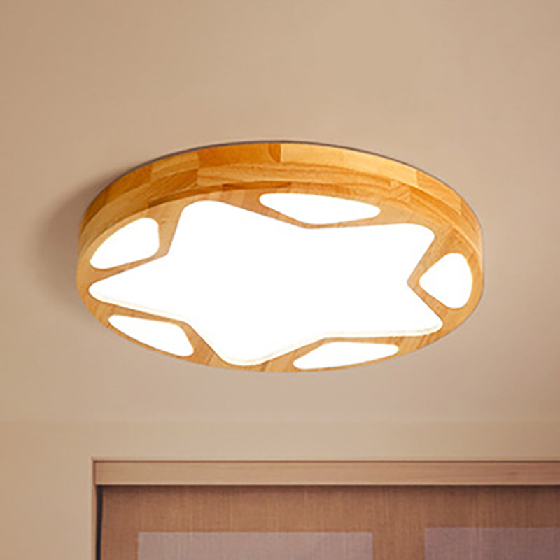 Modern Led Flush Ceiling Light In Beige - Kindergarten Star Design Wood Acrylic Lamp