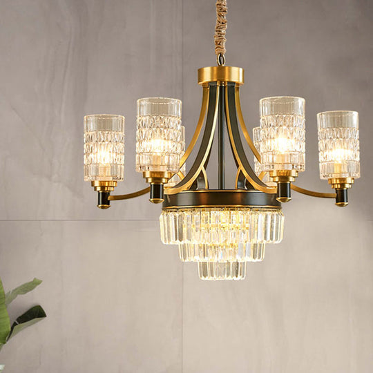 Gold Textured Crystal Chandelier With Cylinder Dining Room Hanging Light - Postmodern Style 6/8