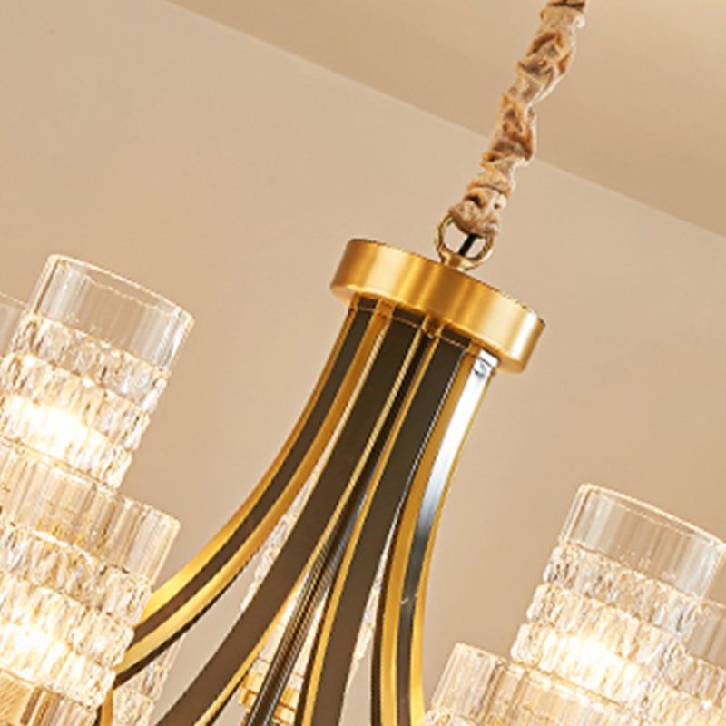 Gold Textured Crystal Chandelier With Cylinder Dining Room Hanging Light - Postmodern Style 6/8