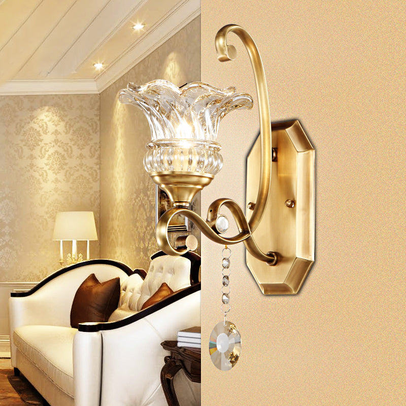 Modern Clear Glass Flower Sconce: Brass Wall Lamp With Crystal Accent - 1/2 Lights 1 /